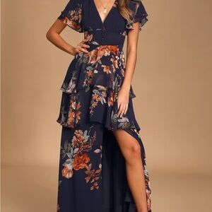 Lulus Midnight Mood Navy Blue Floral Print Tiered Maxi Dress